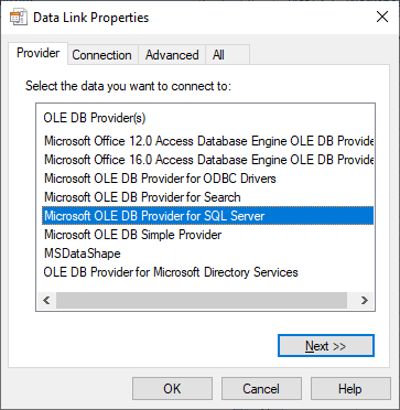 Image showing example Data Link Properties dialog