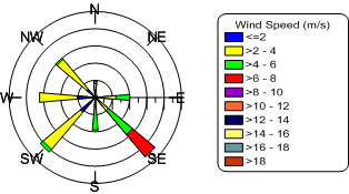 Wind speed and direction distribution of the used data set at the wind